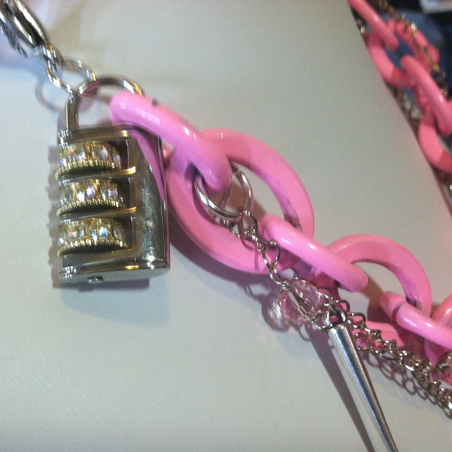 Pink chain necklace Steampunk 3 chains large pink by denisekienow