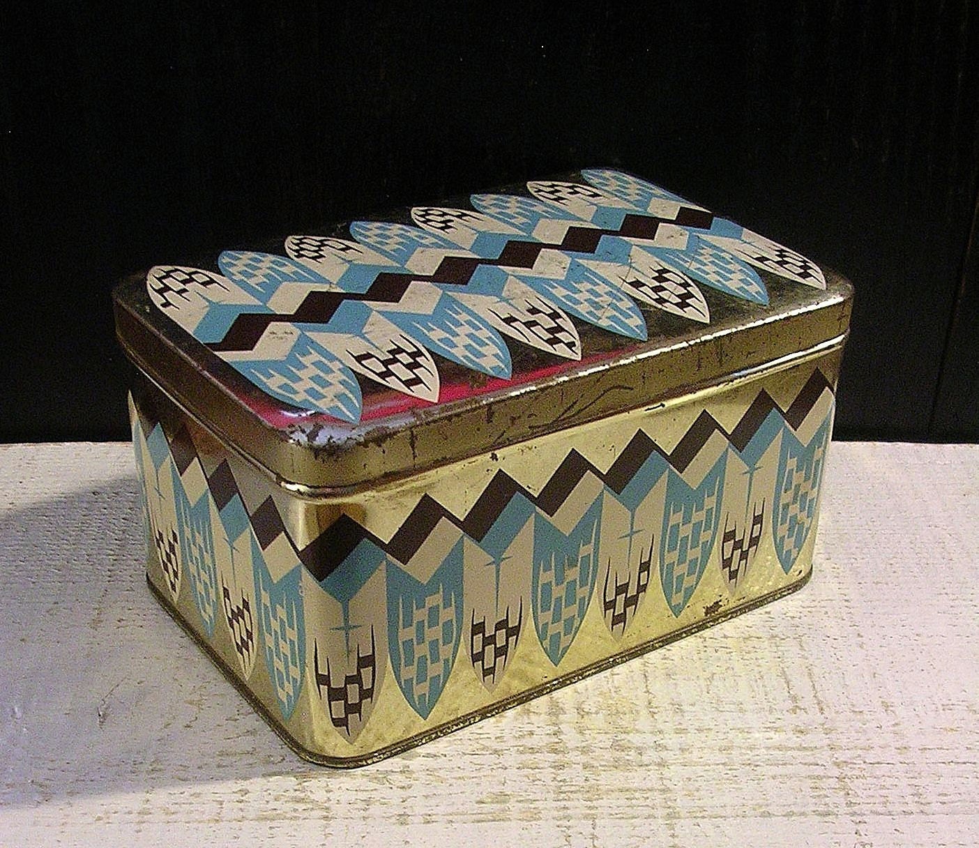 Unusual German Tin, Vintage Tin Box, Art Deco Inspiration, Blue Brown
