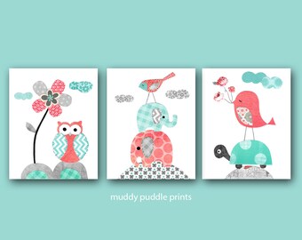 Coral turquoise nursery prints Nursery decor baby girl nursery Kids room decor Coral Turquoise Birds Elephants and turtle - Coral prints