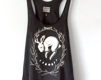 BACK IN STOCK Womens tank top, jackalope rabbit tank top in dark grey, occult, goth, nature inspired, witchy