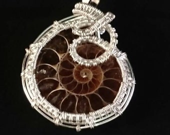 Ammonite Cabachon in Silver Wire - Handmade Wire-weaved Pendant with Gemstone