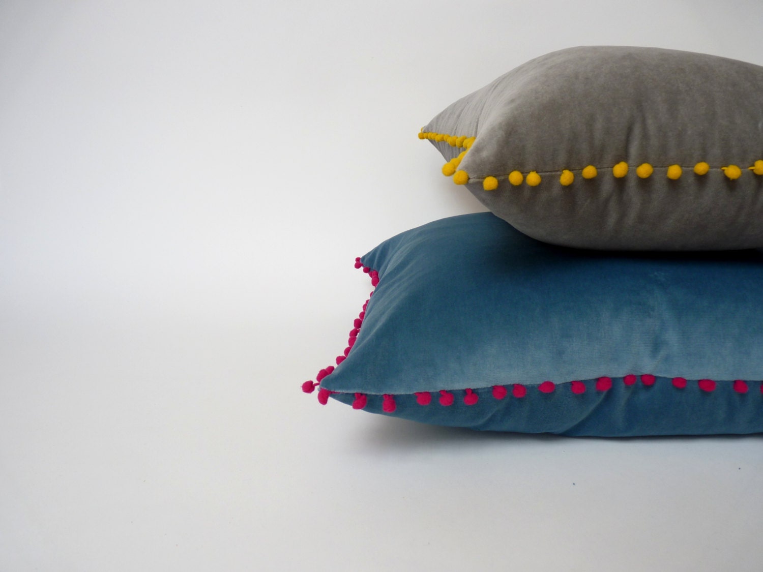blue velvet pom pom pillow // velvet pom pom cushion // boho