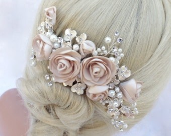 Pearl And Crystal Bridal Hair Comb, Wedding Hair Comb, Blush Champagne Flower Hair Comb, Bridal Headpiece, Bridal Hairpiece, COLOR CHOICES
