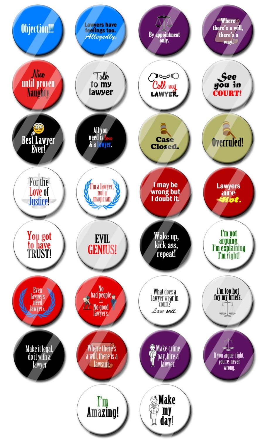 Lawyer Theme Party Favors set of 1.25 inch Pin back Legal