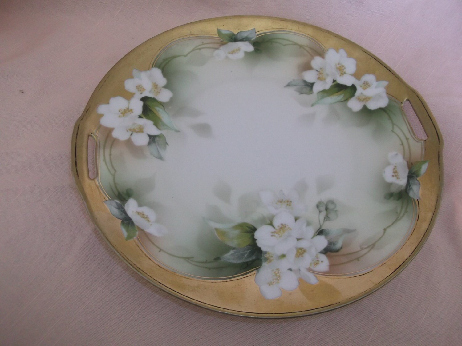 RS Prussia Porcelain Plate Tray Gold Rimmed White Flowers