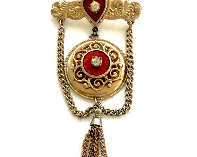 Vintage Filigree Dangle Brooch, Swag Chain & Tassel, Enamel Heart Statement Pin