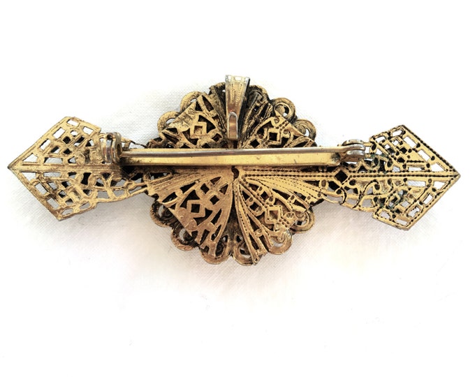 Vintage Filigree Brooch Pendant Black Glass Center Stone Unsigned Florenza Pin