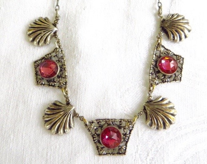 Art Deco Necklace Shell and Filigree Panels Pink Crystal Stones 16" Vintage Jewelry