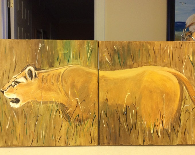 Lioness on the Prowl - Two 11" x 14" canvases - acrylic paints - finished on all sides