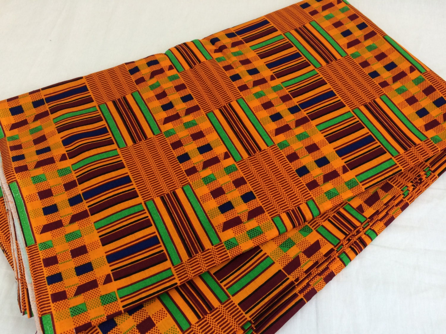 African Kente Print FabricOrange/Red/Green/Navy Blue KENTE