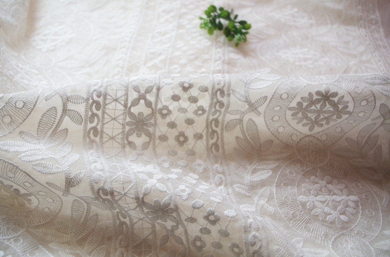 Off White Embroidered Organza Lace Fabric Cotton Embroidered