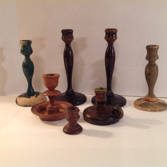 Group of 7 Vintage Wooden Candle Holders Great for Primitive