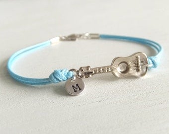 Ukulele Guitar Jewelry Bracelet, Personalized Letter Jewelry, Silver Plated Guitar, Light Blue Cord, Everyday Wearable, Gift For Her