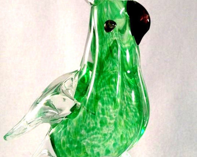Murano Glass Parrot Sculpture, Cockatoo Glass Bird, Large Green Cased Glass, Art Glass