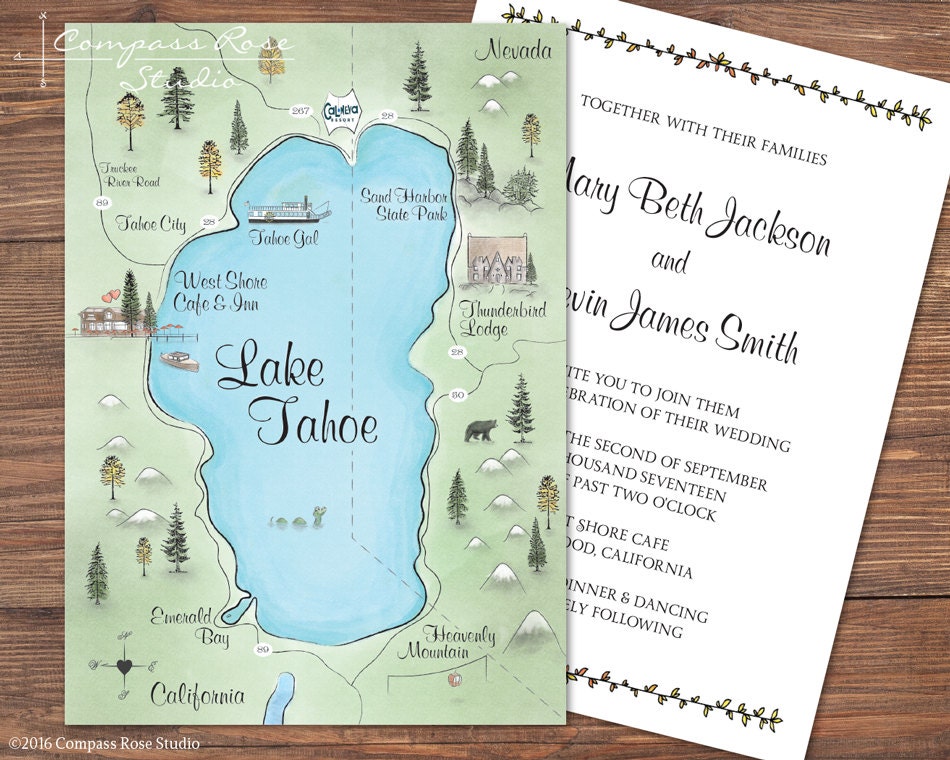 Lake Tahoe Wedding Invitation Custom Watercolor Map Zoom
