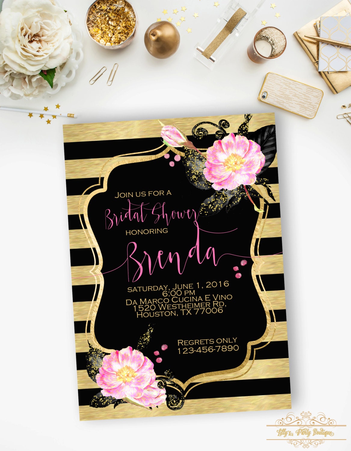 Floral Bridal Shower Invitation Black Gold Pink Stripe