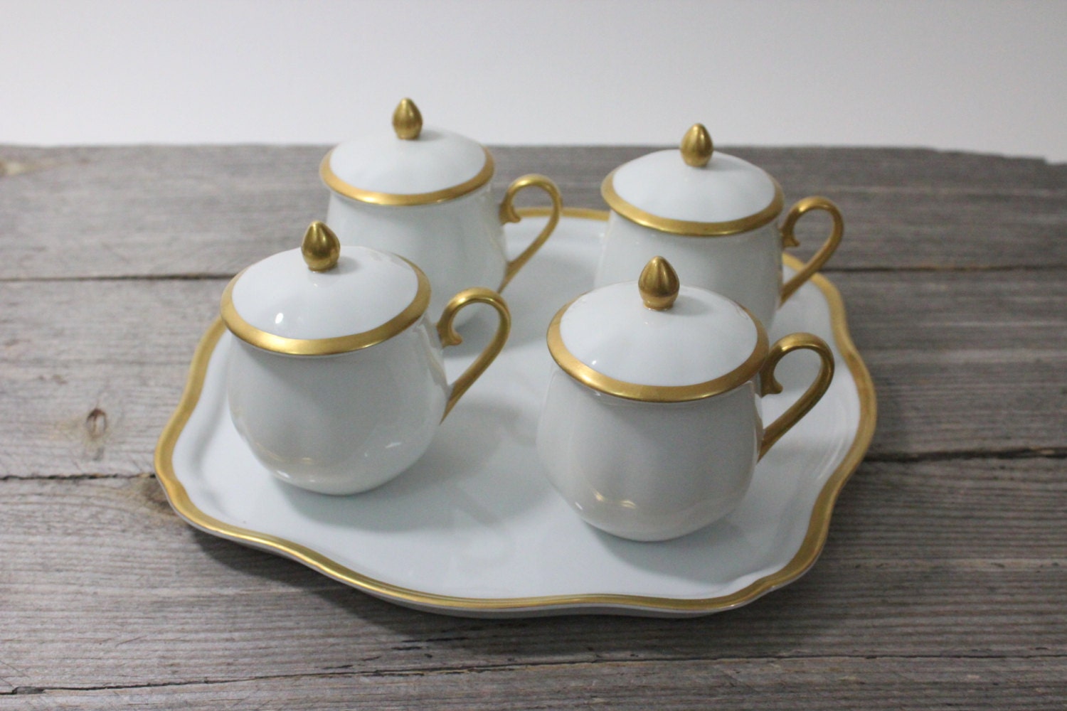 Fine Seyei China Pot de Creme set beautiful white with gold
