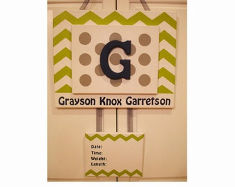 Birth Announcement, Hospital Door Sign Painting, Baby's Room Sign Painting, Name and Birth Stats Painting, Dots & Chevron Baby Announcement
