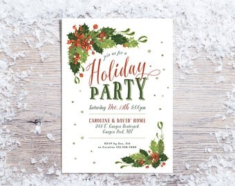 Printable Christmas Invitations, Holiday Party Invitation, Traditional Christmas Invite, Holly & Mistletoe - white