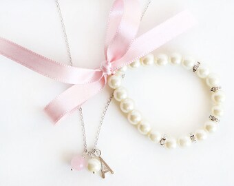 Flower girl bracelet, flower girl necklace, personalized flower girl jewelry, blush pink flower girl jewelry, flower girl gift