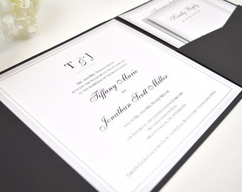FREE Envelope Addressing! Black and Silver Wedding Invitation, Pocketfold, Elegant, Classy, Simple, Calligraphy, Script, Black, Dots Design