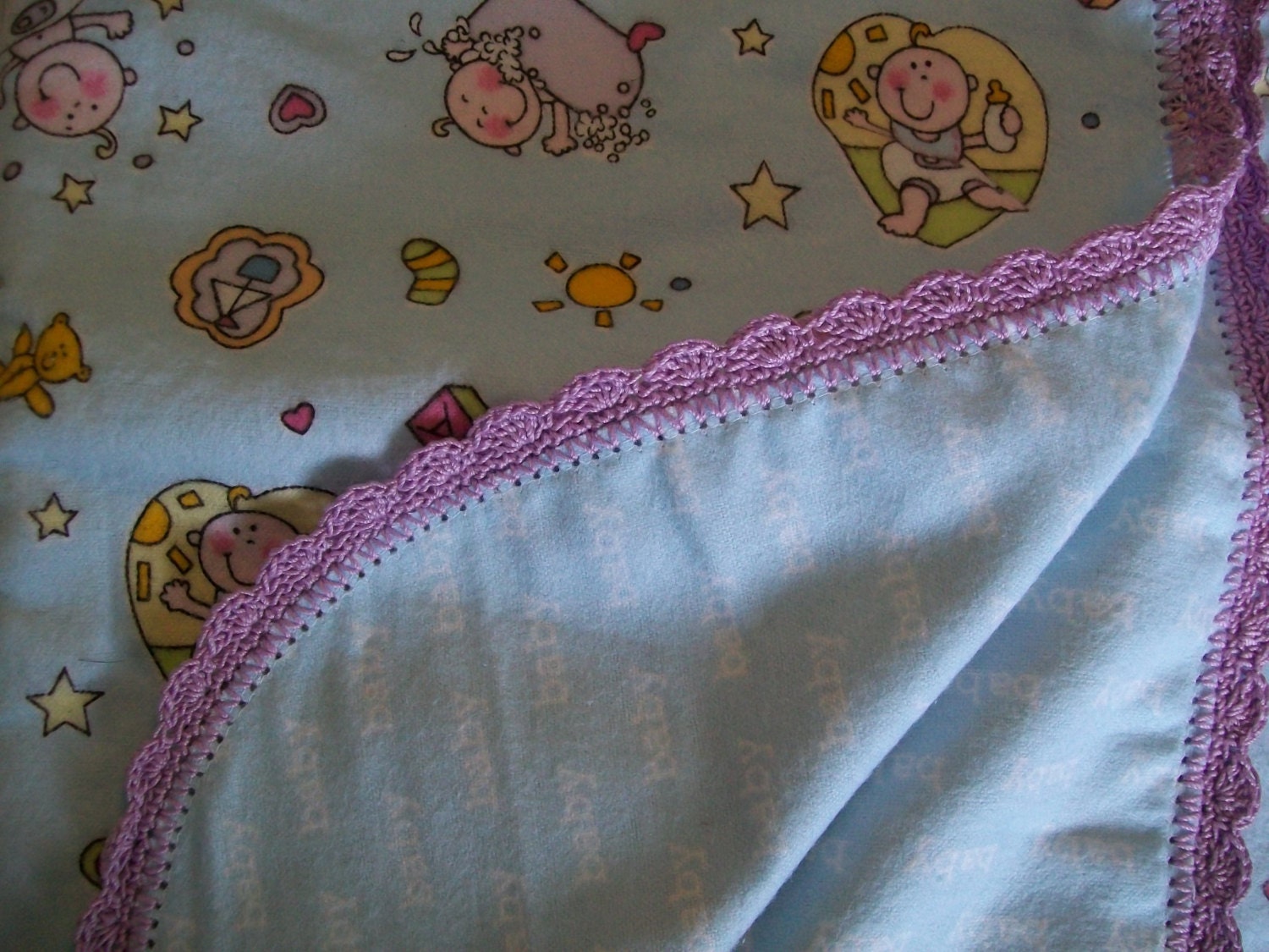 Flannel Baby Blanket crochet edging purple blue by TheBlondeBomb