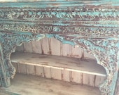 Antique Indian Book Case Blue Bookshelf Arched Frame Patina Carved Wood
