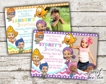 Boys or Girls Bubble Guppies Birthday Party Invitation - Any Age - Photo Invite - Baby First 1st Birthday One - Chalkboard - Guppy