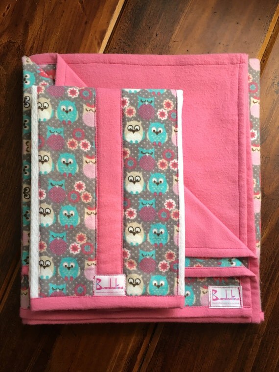 Items similar to Owls + pink reversible fleece blanket & gauze burp