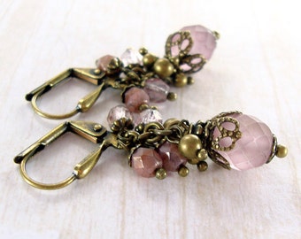 Dusty Pink Cluster Earrings - Czech Glass Bead Jewelry Victorian Vintage Style Pink Brass Jewelry - Antique Gold Brass Bronze Earrings