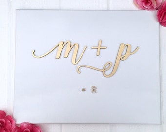 SALE! Wood Inital Signs on White Canvas 11"x14" inches, Personalized Nursery Decor Housewarming New Mom Wedding Gift Unique & Classy