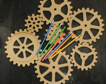 Seven (7) Large Wooden Gears -Wood Gears - Cogs - Sprocket - Pulleys - Industrial Decor - Steampunk decor
