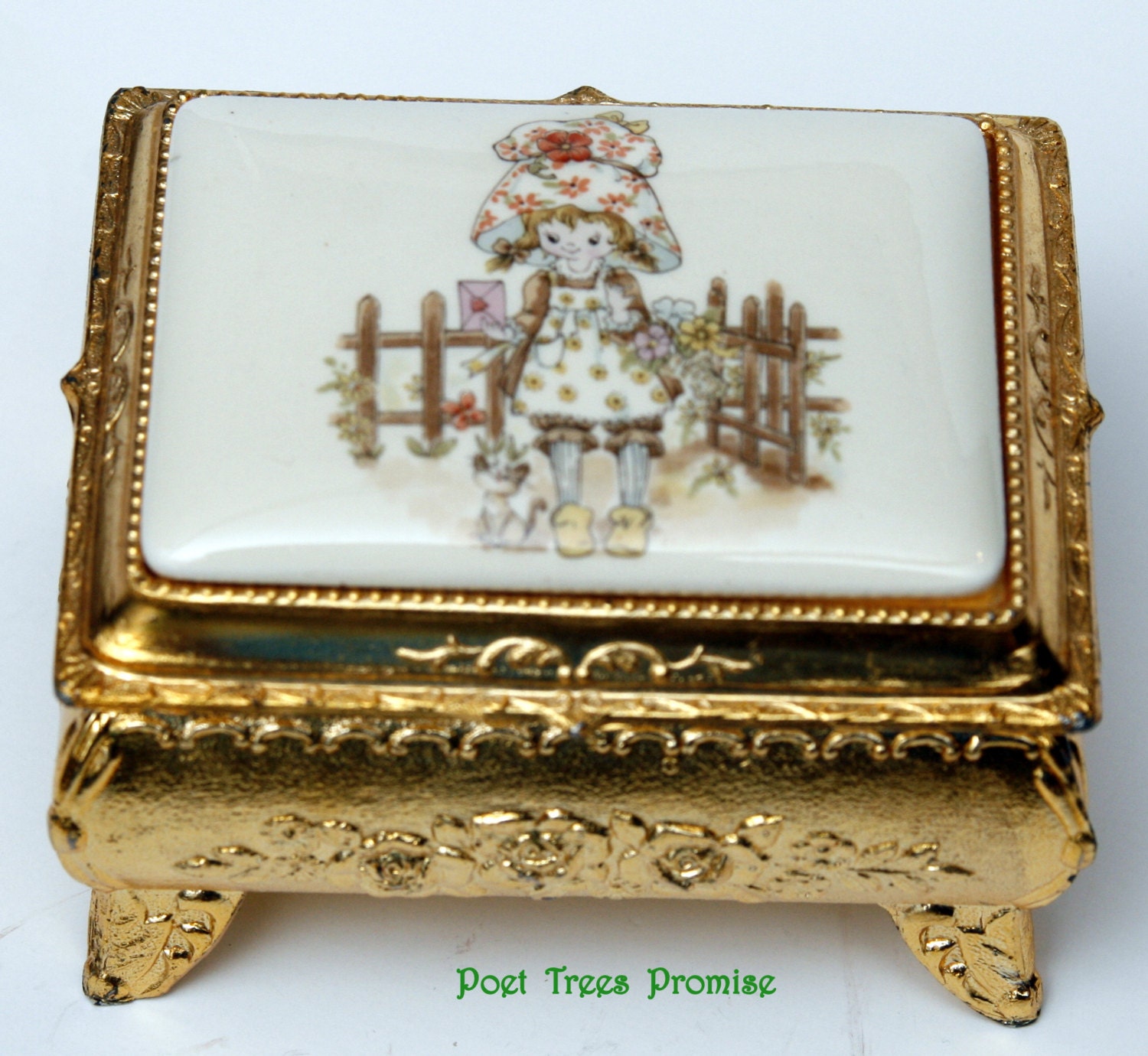 Vintage Holly Hobbie Golden and Enamel Jewelry Box with Hinged