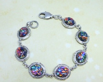Black Fire Opal Bracelet Black Opal Bracelet Rhinestone Tennis Bracelet Silver Bracelet Fantasy Mystical Jewelry Gift