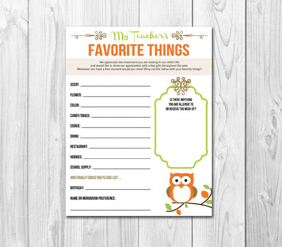 Items similar to Teacher's Favorite Things List Printable on Etsy