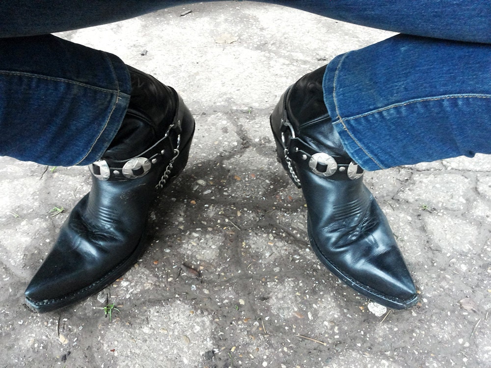 Leather Boot Straps with conchos and chains spurs buckle