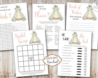 INSTANT DOWNLOAD - Teepee Boho Floral BRIDAL Games Package - Printable Bridal Shower Games - Tee pee Boho Feather Game Pack - Bohemian 0330