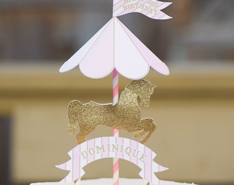 MADE TO ORDER Merry-Go-Round Horse Cake Topper with personalized mini name banner- different colors available