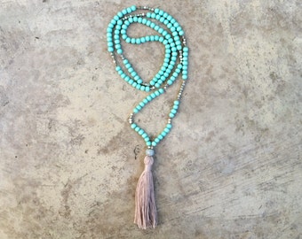 Bohemian / Boho necklace, tassel necklace, mala beads, yoga necklace, turquoise and silver with tan tassel
