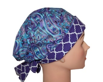 Scrub Hat Surgical Scrub Cap Chemo Hat Tie Back / Flirty Front Fold Pixie Style / Blue Purple Paisley Quatrefoil 2nd item ships Free