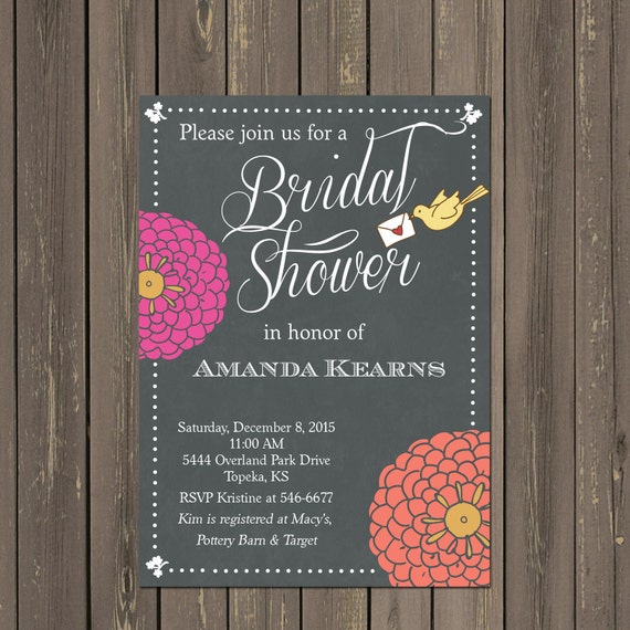 Bird Bridal Shower Invitation, Chalkboard Shower Invitation with Pink and Coral Flowers, Printable or Printed Il_570xn