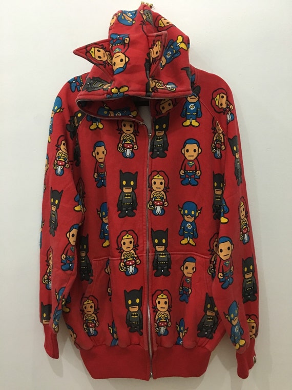 Vintage 90s Bape by A Bathing Ape X DC Red Superheroes Hoodie