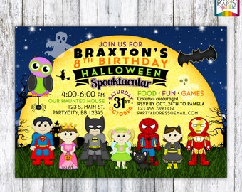 Super Hero and Princess - Kids Halloween Birthday Costume Party Invite - Personalized Digital Custom Party Invitation 4x6 or 5x7 jpg or pdf