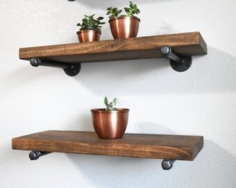 Farmhouse Industrial 10" Deep Floating Wall Shelf with pipe brackets. Rustic Wood Floating shelve. Industrial Rustic decor.