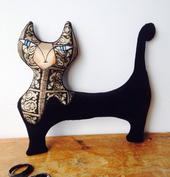 Black Cat cushion ,Cat Animal shaped Cushion /pillow is handmade in brighton using cotton velvetand vintage gold 60s fabric