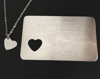Personalized Wallet Card. Monogram Stainless Steel Message Card. Stainless steel Heart Necklace.Anniversary Gift.Customized Couples Gift Set