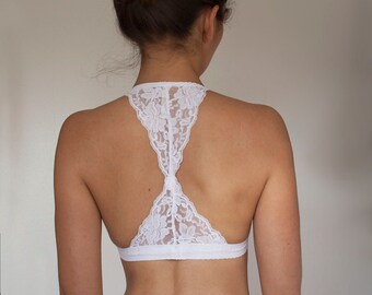 Bralette. White Lace Bralette. White Bralette. Triangle Back Halter Wireless Bra Top. Bridal Lingerie