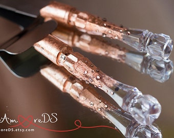 Rose Gold Wedding Cake Server and Knife engraving Knife Personalized cake server set Bronze Cake set, Bling Wedding cake cutting set, 2 pcs