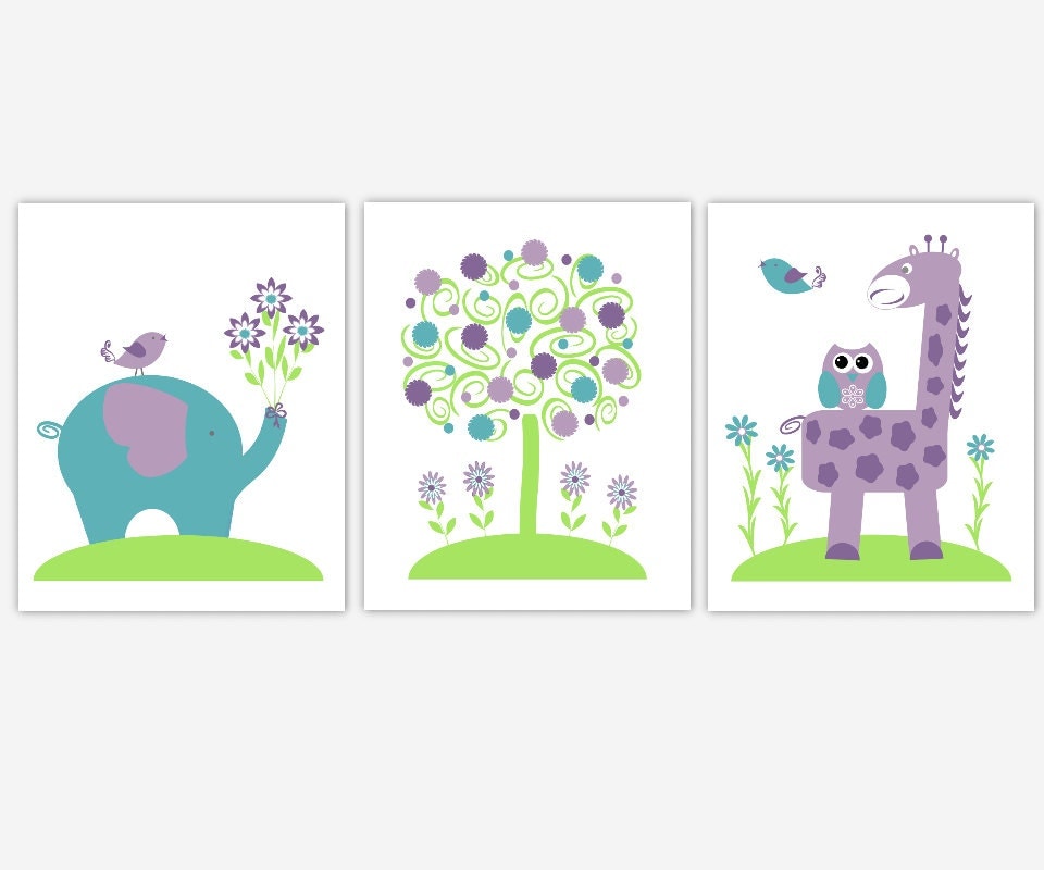 Lavender Baby Girl Nursery Wall Art Purple Teal Green Giraffe