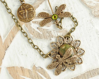 Dragonfly Necklace, Green Dragonfly Pendant, Rhyolite Beads, Woodland, Olive Green, Nature Jewellery, Necklace